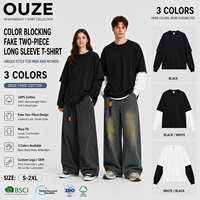 Camiseta de Manga Larga para Hombre, Dos Piezas, 280 g/m², 100% Algodón, Corte Cuadrado, Estilo Urbano, Color en Contraste
