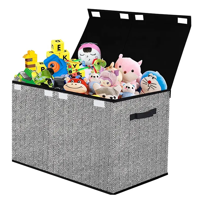 Fabric Basket Organiser Bins Black Foldable Toy Chest Box Kids Toy Storage Box with Lids
