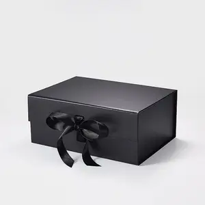 Custom Luxury White Magnet Flap Clothing Gift Boxes Foldable Magnetic Closure Rigid Style Made Cardboard Foil Black Ribbon