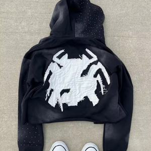 OEM  Personnalisé 100% coton French Terry Unisexe Broderie Distressed Rhinestone Coupe courte Boxy Fit Zip up Hoodies - Product Image 6