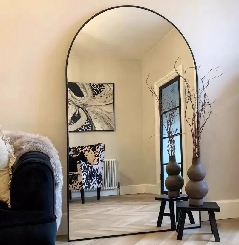 Custom oversize modern arched floor standing mirror vintage decor full length black metal framed floor mirror miroir espelho