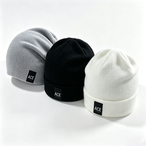 Slouchy White ACE Puff Printed Knit Beanie Custom Embroidery Unisex Warm Winter & Autumn <b>Hat</b> for Outdoor & Streetwear - Product Image 3