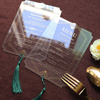Tarjeta de Menú de Boda de Acrílico Transparente de Alta Calidad con Borla Verde para Bodas Elegantes y Otros Eventos