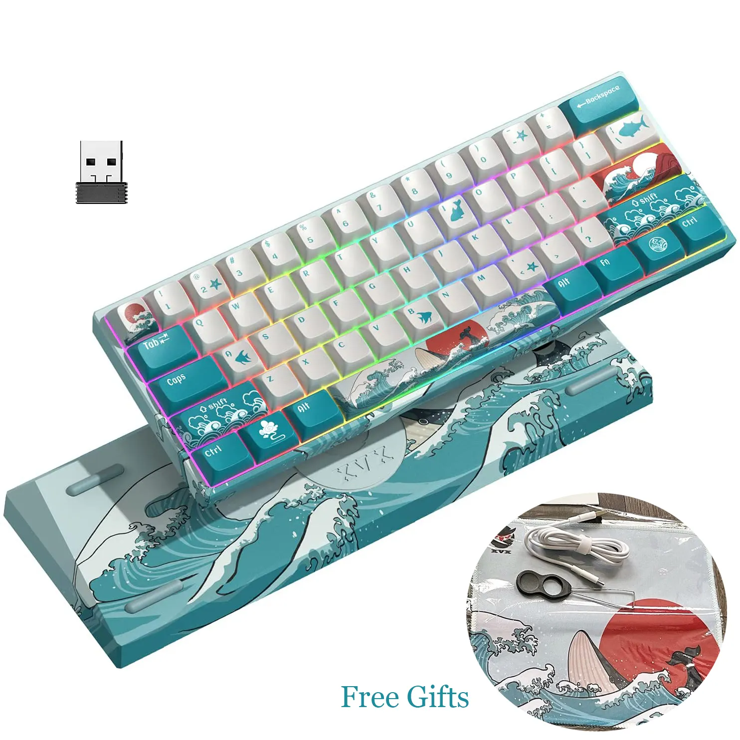 XVX M61 Wireless Mechanical Keyboard 61 Keys 2.4G Rechargeable RGB Backlit Gaming Keyboard 60% Coral Sea Gateron Switch for PC