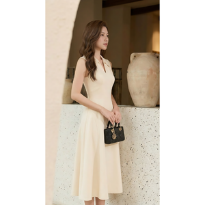Robe midi crème pour femme, prête à être expédiée, sans manches, col chemise, coupe ajustée, style A, pour le bureau, vêtements de travail, best-seller - Product Image 1