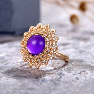 Anello da Cocktail F684 per Donna, Forma di Fiore con Ametista Rotonda, Pietra Naturale con Incastonatura a Pavé, Anelli alla Moda per Feste - Product Image 4