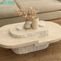 HZX Vente en gros de marbre en fibre de verre travertin pour la maison moderne, la villa, l'hôtel, les meubles, table basse beige polie et affinée, imperméable