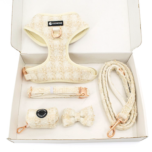 Coowone ラグジュアリー テクスチャード ツイード アジャスタブル ネック ハーネス ソフト ドッグ ハーネス セット ボウタイ うんちバッグ 首輪 リード セット - Product Image 2