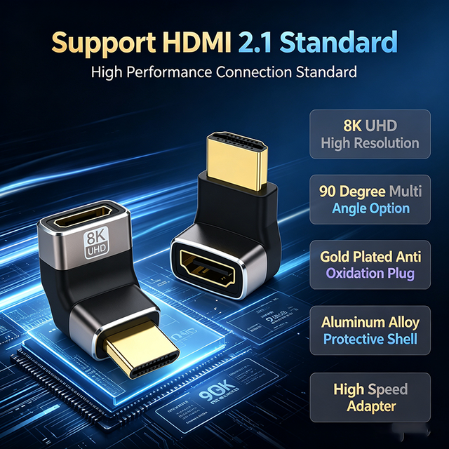 8K 2.1 Adapter Male to Female 90 Degree Right Angle Extender Connector Gold Plated Aluminum Shell for Laptop Monitor