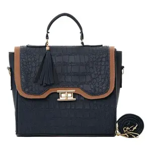 Bolso de mujer Fana Belen M3825, bolso de mano de materiales de bambú en color azul marino con cierre y bolsillo con cremallera - Product Image 3