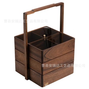Boîte à nourriture et à thé en bois, boîte de rangement portable rectangulaire en bois massif pour collations et service à thé - Product Image 5