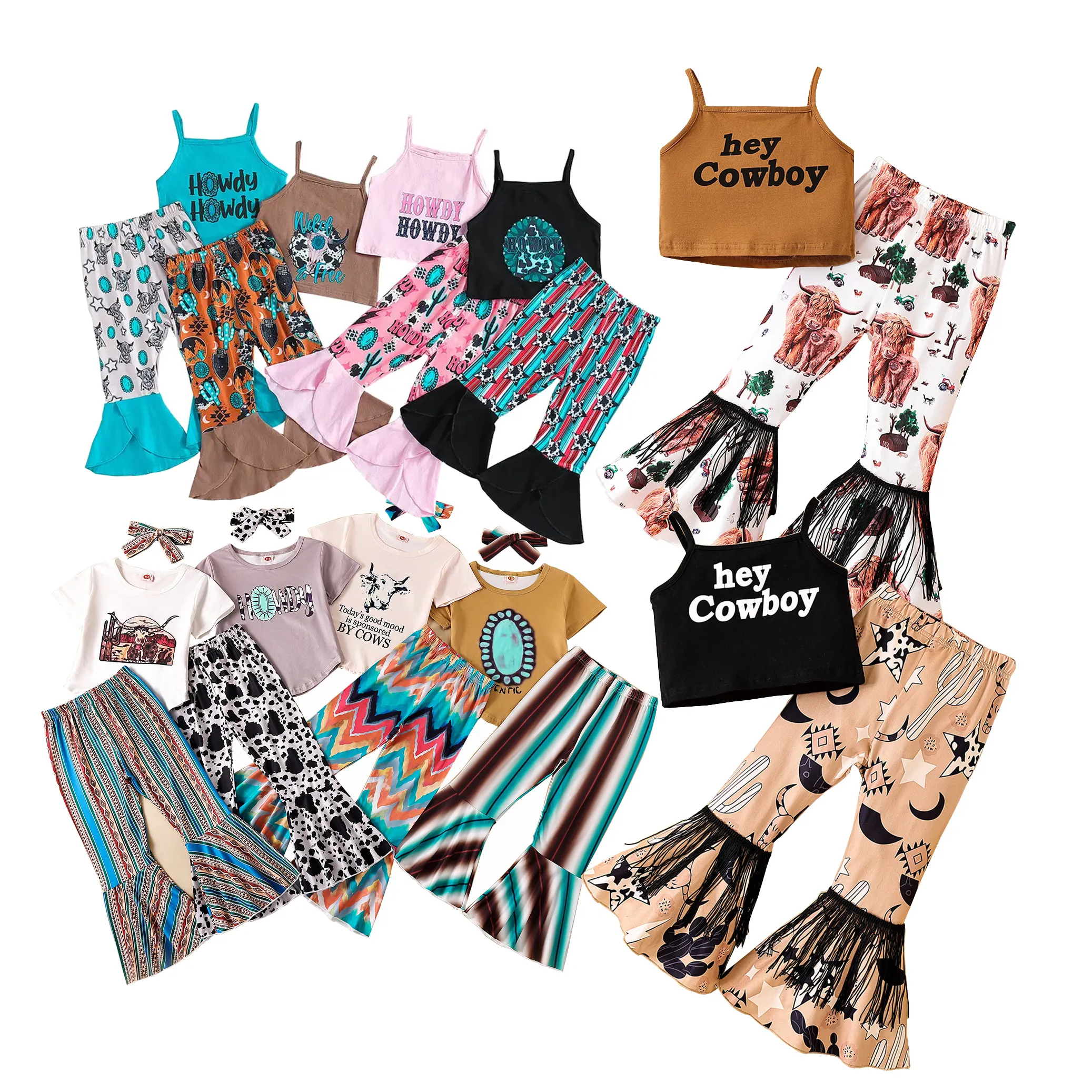 Wholesale Boutique Summer Children Clothing Sets Mix Styles Aztec Western Printed RTS Sling Tops + Bell Bottoms Outfits