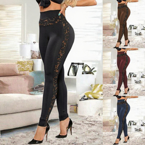 Wholesale High Waist Lace Breathable Full Length <b>Leggings</b> for Women Ribbed Yoga Tights <b>Pocket</b> Thin Fit Pants Fitness Casual Wear - Product Image 3
