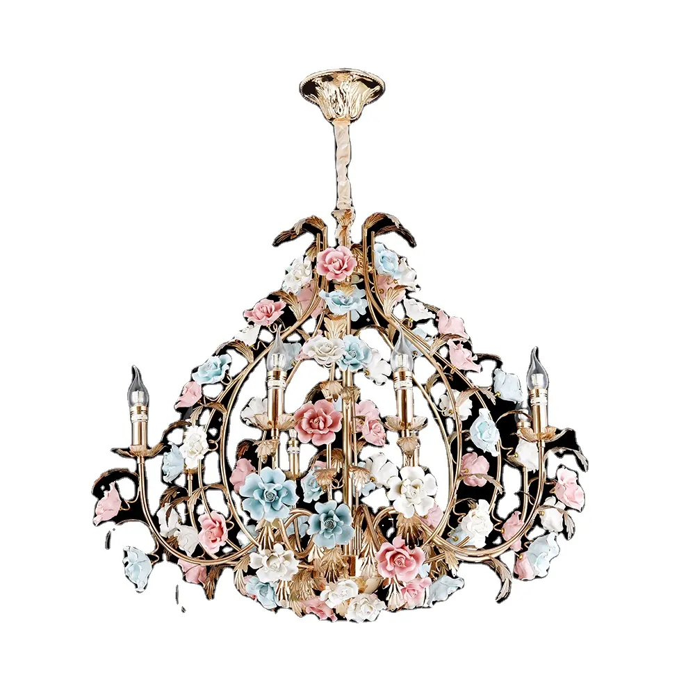 Stile francese Art Design Top oro colorato ceramica rosa fiore lampadario matrimonio porcellana fiori lampada a sospensione camera figlia