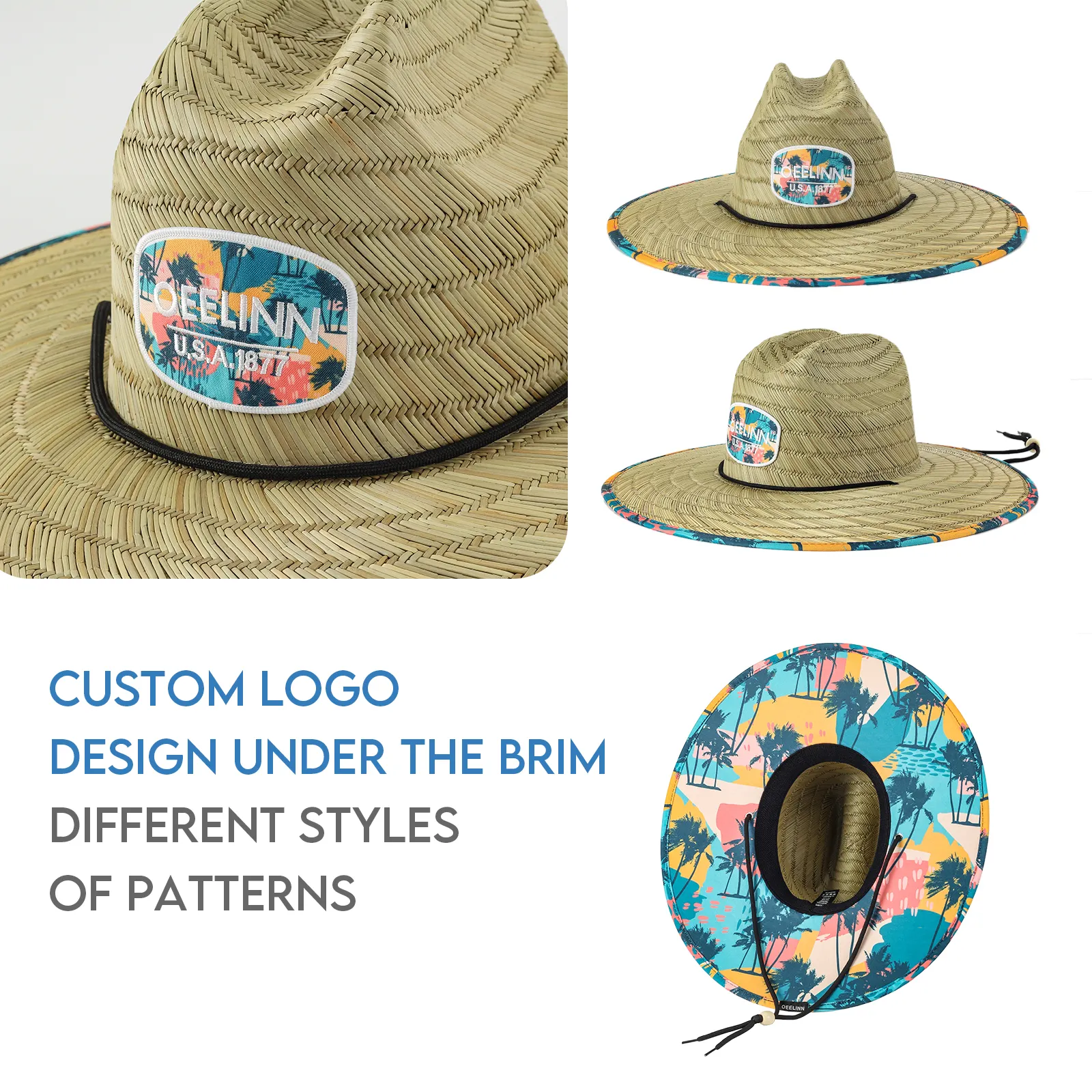 Custom Woven Wide Brim Straw Sun Hat Sun Protection Mens Lifeguard Straw Hat