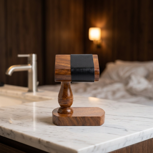 Wooden <b>Watch</b> Stand With <b>Black</b> <b>Leather</b> Pad Rectangle Holder Modern Handmade Tabletop Decoration - Product Image 1