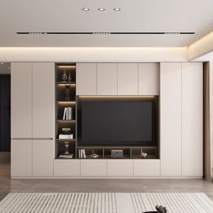Mobile <span class=keywords><strong>TV</strong></span> Moderno Minimalista Tutto Bianco da Incasso a Parete o da Terra, Stile Rustico, con Cassetti Contenitore per Soggiorno, Colore Beige, Eco - Product Image 2
