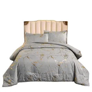 Ensemble de couette en microfibre écologique avec impression de feuille de marbre pour textiles de maison avec ensemble de couette de style feuille métallique dorée bling