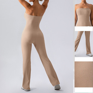Gerippter Trägerloser Enger Eleganter Bodysuit für Damen Yoga Fitness Outdoor Party Ausgestellter Einteiler Hüfthebend Schnelltrocknender Jumpsuit Damen - Product Image 5