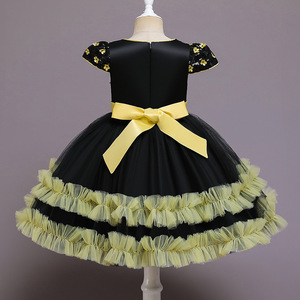 Childrens Dress Black Yellow Floral Sequin Tulle Skirt Bow Belt Princess Costume For Girls 5-7 Years Spring 2022 - Product Image 3