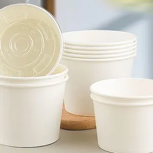 생분해성 테이크 어웨이 패스트 푸드 용기 종이 도시락 그릇 원형 식품 포장 용기 뚜껑이있는 크래프트 종이 수프 그릇