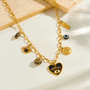 Heart-Shaped Eye Pendant Jewelry <b>Set</b> Gold Black Zinc Alloy Women's Party Fashion Necklace <b>Bracelet</b> Two-Piece <b>Set</b> - Product Image 2