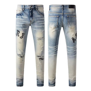 <span class=keywords><strong>Jeans</strong></span> Denim Vintage Amiriy da <span class=keywords><strong>Uomo</strong></span> a Vita Media, Vestibilità Dritta, Strappati, Effetto Consumato, Lavati, con Ricami, per Estate Autunno Inverno - Product Image 6