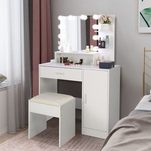 DB FCH Juego de tocador de maquillaje con espejo LED, 1 cajón, 1 gabinete, estantes de almacenamiento, muebles modernos para dormitorio - Product Image 2