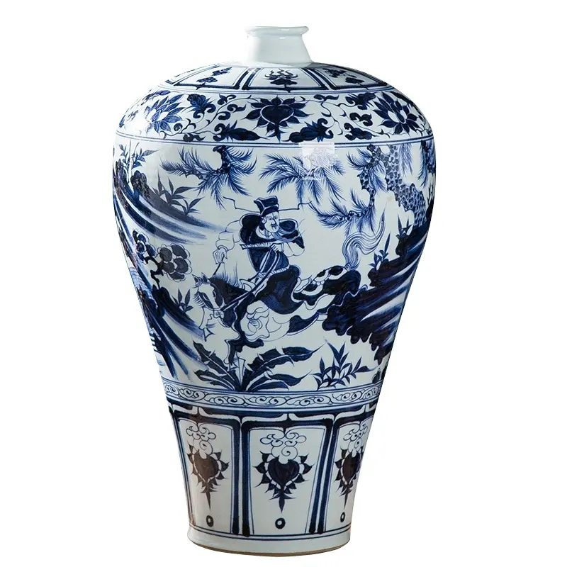RZQo14-figura de porcelana china hecha a mano, jarrón de mesa de porcelana azul y blanca con patrón de caballo