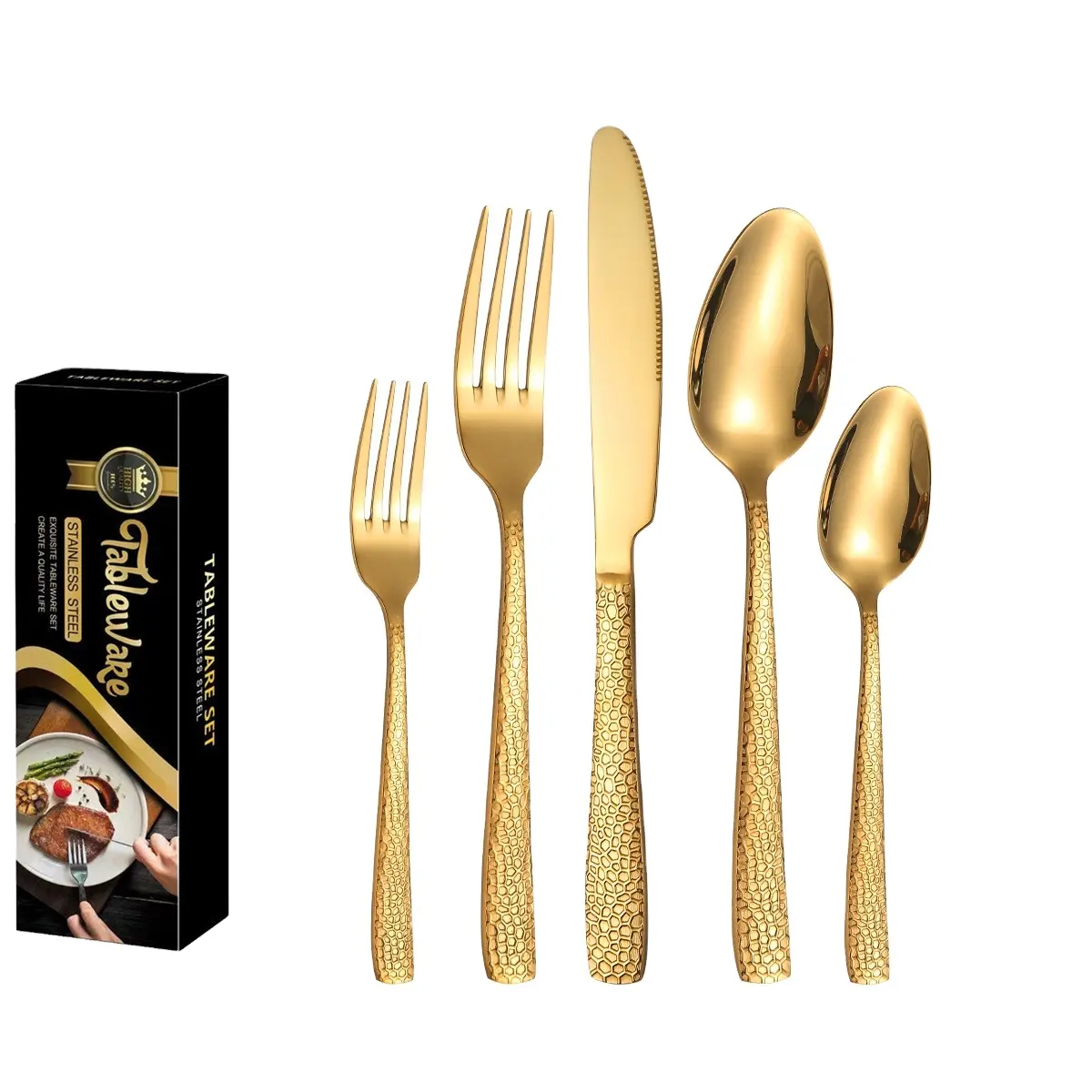 Penjualan terlaris 2024 24 buah Set alat makan gantung emas pisau garpu sendok baja tahan karat untuk Set alat makan Pernikahan