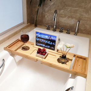 Plateau de bain en bambou avec compartiment de rangement, rétractable et antidérapant, pour utilisation dans la baignoire - Product Image 2