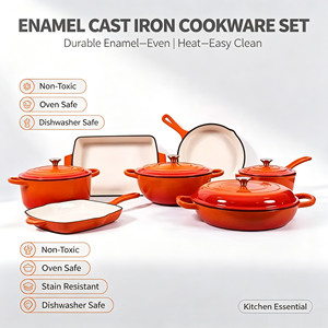 Batterie de cuisine en fonte émaillée 7 pièces, compatible four, avec faitout, poêle, grill, plat à four et ustensiles de cuisson, pour cuisinières à induction et à gaz - Product Image 4