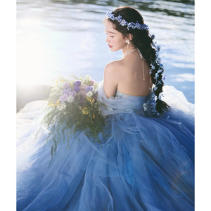 Blue Strapless Tulle Ball Gown Wedding Dress Natural Waistline Outdoor Forest Style Fashion Couple Photography Travel Street - Product Image 4