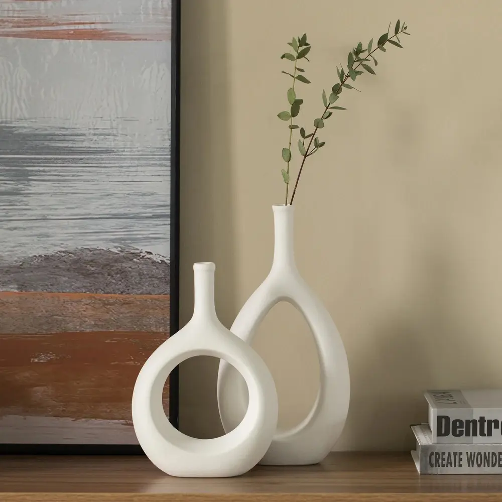 Luxury White Circle Oval Wedding Unique Donut Hollow Out Shaped Contemporary Ceramic Flower Vase For Office Home Decor
