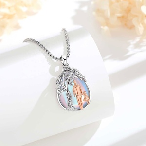 Collana Albero della Vita Padre <span class=keywords><strong>e</strong></span> Figlia con Pendente in Pietra di Luna Placcato Rodio <span class=keywords><strong>e</strong></span> Figure Placcate Oro Rosa 18K - Regalo Sentimentale per la Famiglia - Product Image 3