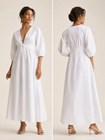 Vestido Midi Blanco con Cuello en V Profundo, Mangas 3/4 Abullonadas y Cintura Ajustable con Cordón, Nueva Colección Verano 2026, Gran Venta en EE. UU. y Australia