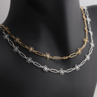Chaîne en or 14K plaqué or de luxe léger, motif trombone 1+1, avec maillons décoratifs en fleurs CZ, en rouleau, fournitures en gros pour la fabrication de bijoux
