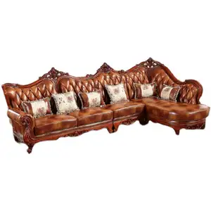 Европейский стиль кожаный диван угловой L-образный диван для гостиной Американский твердый деревянный резной диван