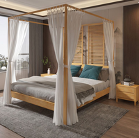 Lit double en bois massif, lit à baldaquin de style nordique chinois, lit moderne et simple avec rideau, quatre piliers