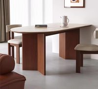 Table à manger en pierre frittée de style mid-century, table ovale rétro en bois massif pour la maison, décoration française de luxe léger