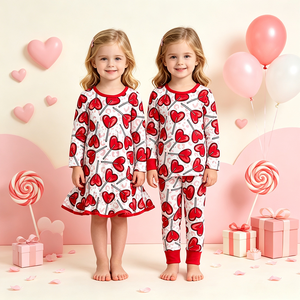 Robe douce à manches longues en coton biologique rose pour bébés filles, avec nœuds en forme de cœur personnalisés, pour la Saint-Valentin, vente en gros, vêtements de fête pour sœurs - Product Image 5