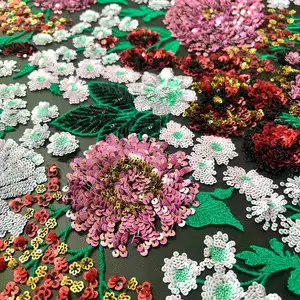 3D Floral Sequin Lace Fabric Mixed Colors Embroidered Mesh For Wedding And Prom Dresses Sold By The Yard