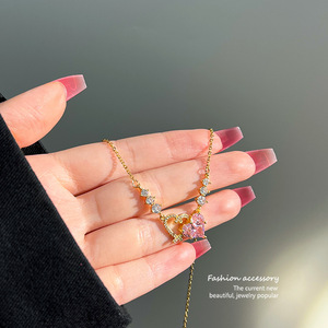New Romantic Pink Zircon Pendant Necklace Geometric Heart Shaped Flowers <b>Titanium</b> Steel <b>Chain</b> Choker Necklace Gift - Product Image 6