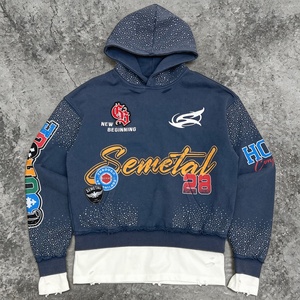 Sweat-shirts à capuche streetwear déchirés et amples pour hommes, en molleton bouclette, brodés, coupe courte, personnalisés, effet délavé à l'acide, avec strass - Product Image 1