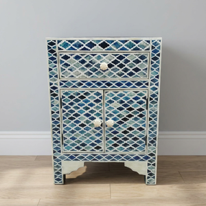 Natural Crafts Bone Inlay Products Manufacturing Company Luxury Bone Inlay Furniture Bone Inlay <b>Bedside</b> <b>Table</b> Marrakech Blue - Product Image 3