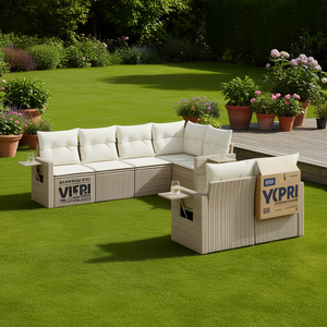 Conjunto de Sofás de Jardín de Ratán Beige para 6 Personas, Diseño Contemporáneo para Exteriores, Muebles con Estructura de Mimbre - Product Image 2