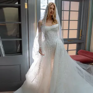 Sparkling Draped Neckline Zipper or Lace up of Back Pearls Sleeves Lace <strong>Basque</strong> Waist Wedding <strong>Dress</strong> - Product Image 1