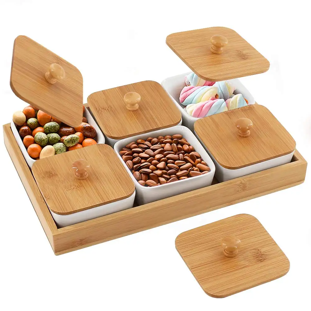 2021 Hot Selling Dried Fruit Plate Removable Ceramic Compartment Bowls with Bamboo Tray,Table Candy Snack Plate Holder