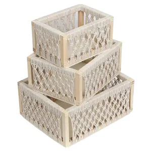 HUAYI – panier de rangement en corde de coton blanc tissé à la main, panier à tiroirs en bois, ensemble pour livre et cosmétiques