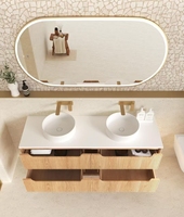 Ensemble de meubles de salle de bain modernes en bois massif OEM avec miroir LED argenté mural, égouttoir en cuivre, écologique, pour usage domestique ou scolaire